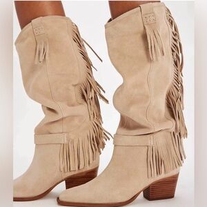 Free People Faith Fringe Western Boots 9.5 Sunstone Sand Suede Boho Festival New